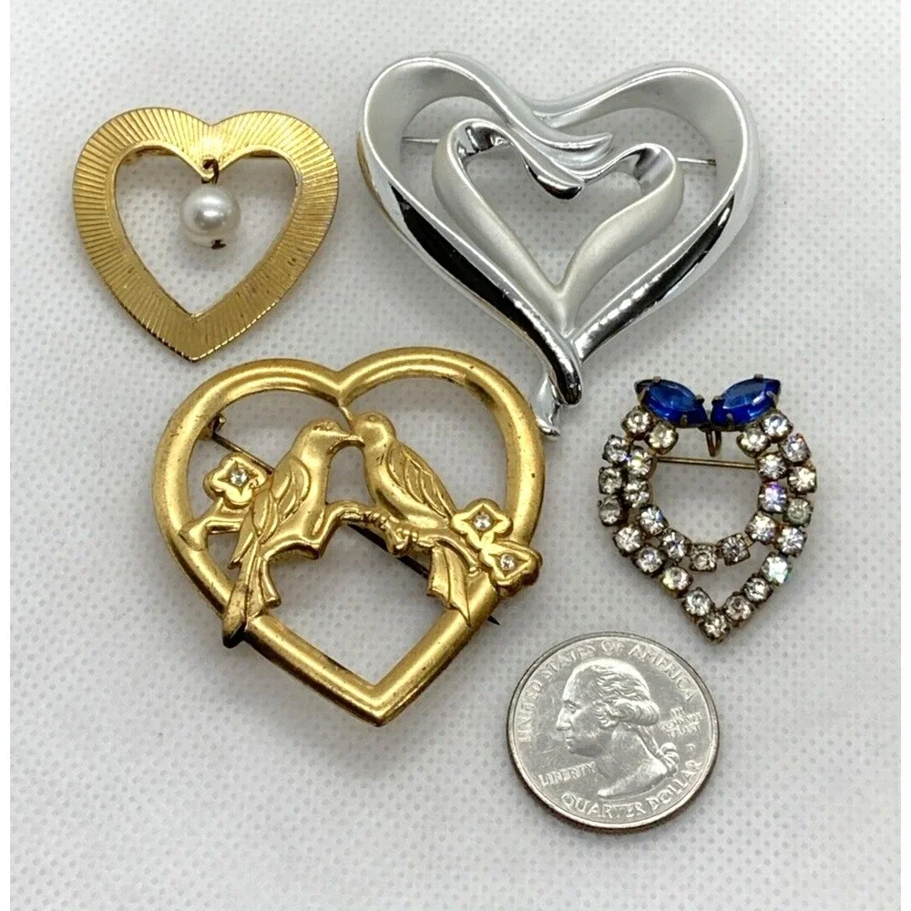 Vintage Lot of 4 Gold Tone Silver Tone Heart Brooch Birds Rhinestone Faux Pearl